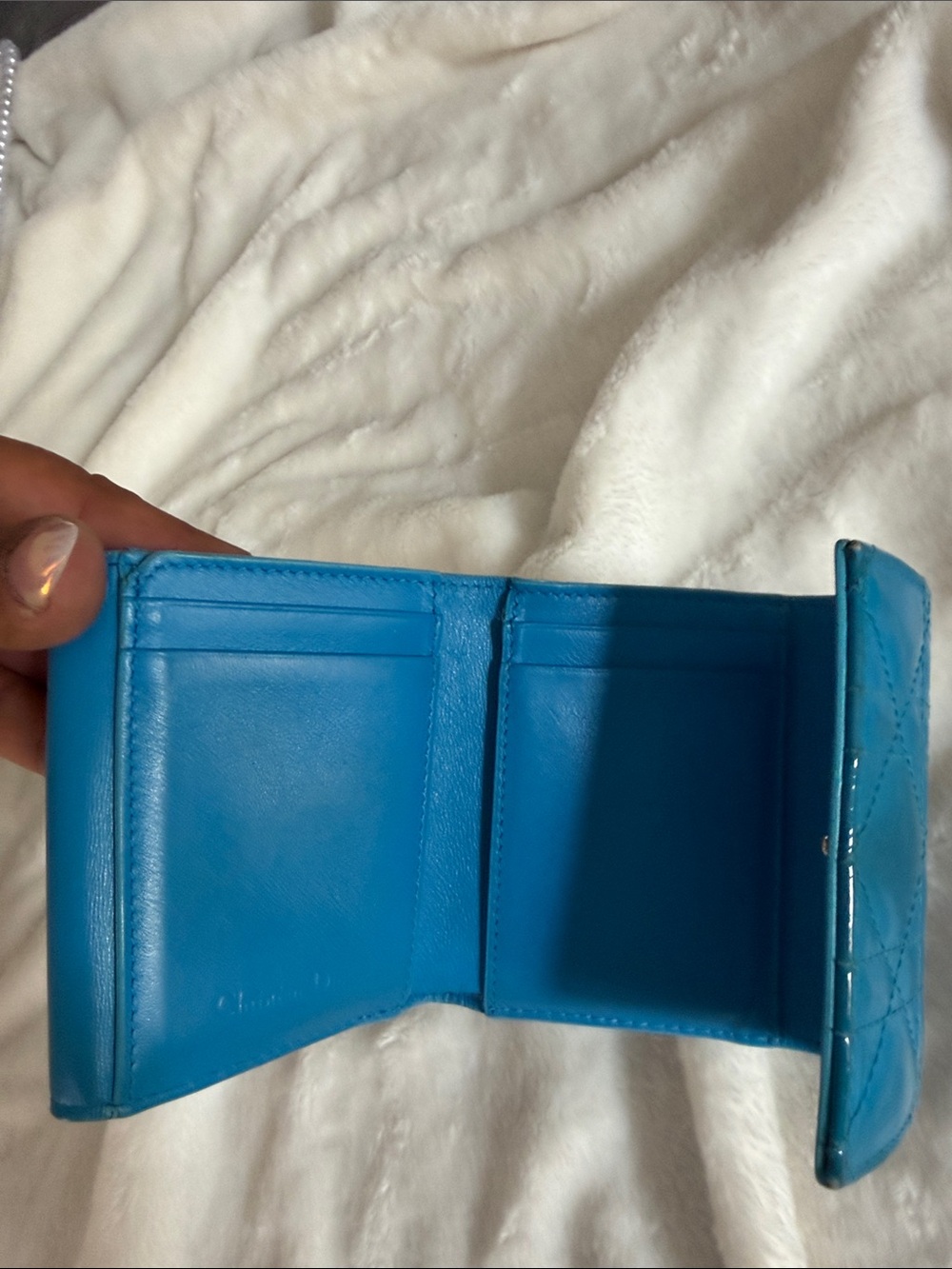 Christian Dior Lady Dior Cannage Patent Leather Turquoise Wallet - Picture 9 of 12